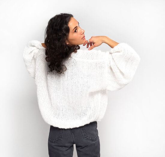 Mohair Wool Oversized Cardigan: White Knit Jacket, Bell Sleeves, code IA21